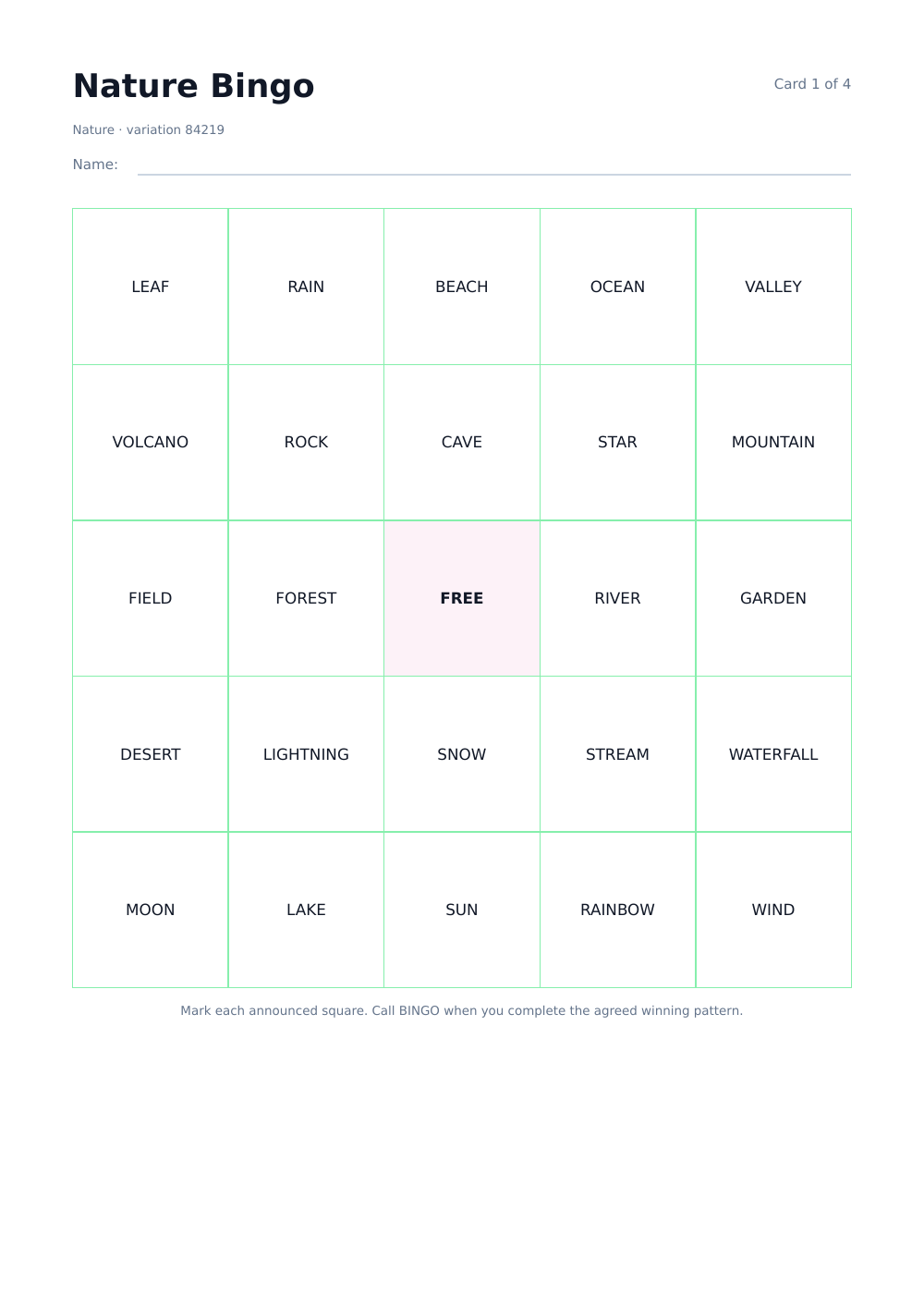 First A4 Nature Bingo card from a four-card set with a 5 by 5 grid and free center