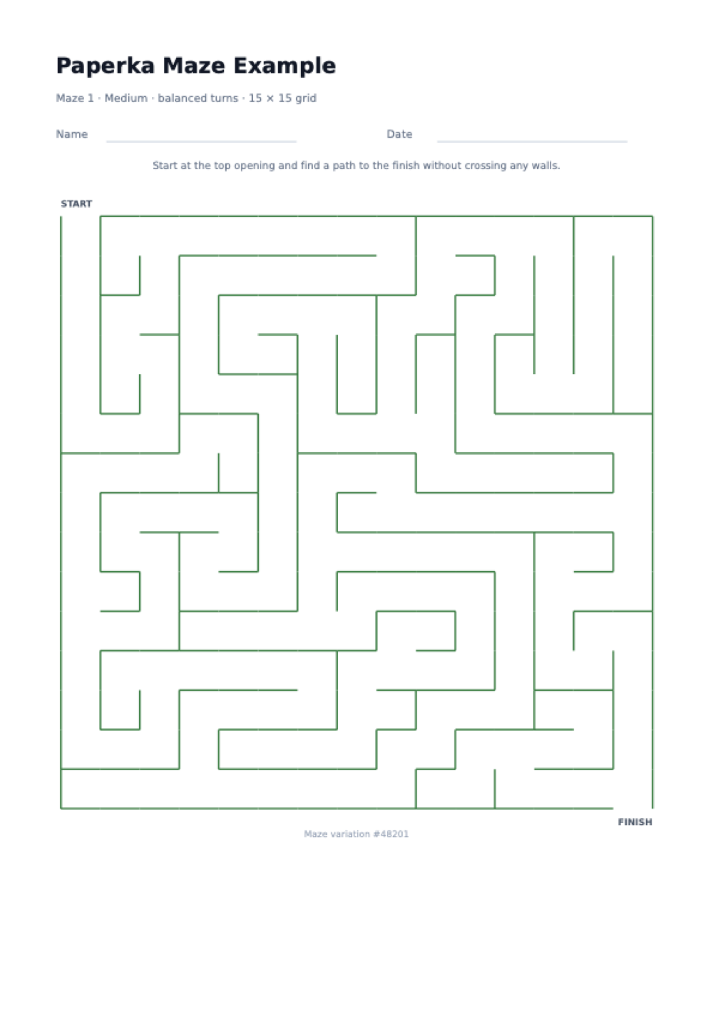 Printable A4 maze worksheet with a 15 by 15 grid, START and FINISH labels, name and date lines, and the maze variation number