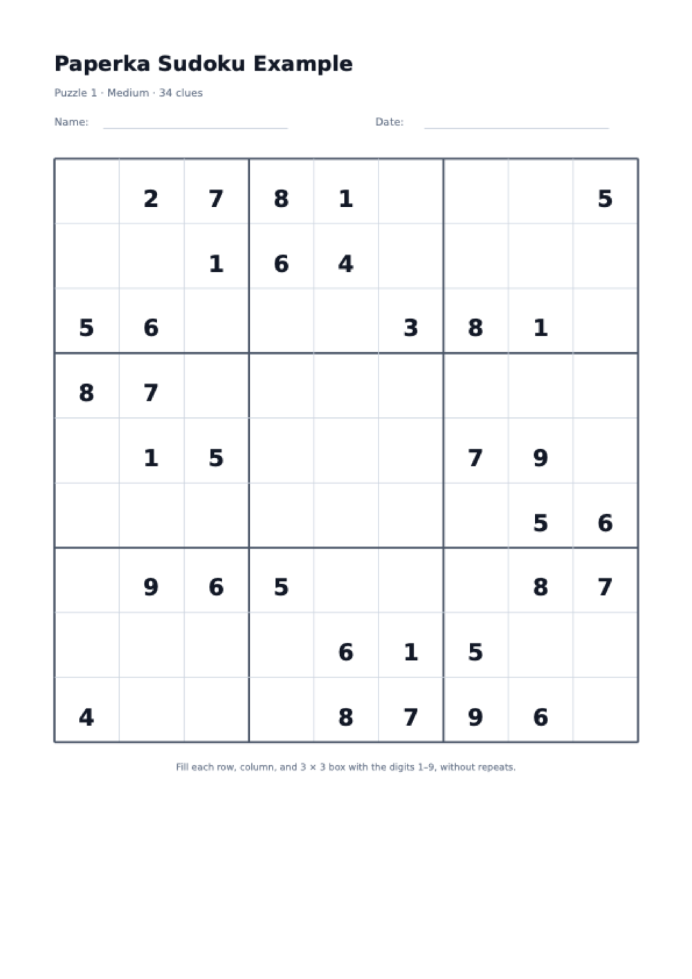 Printable A4 Sudoku puzzle page with a 9 by 9 grid and its starting clues